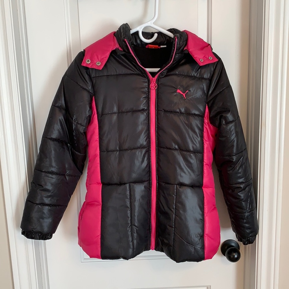 Black and Pink Hooded Puma Puffer Jacket